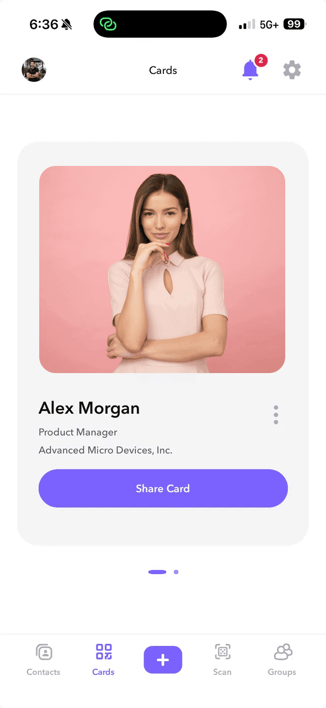 Memento mobile cards screen showing a digital card ready to share